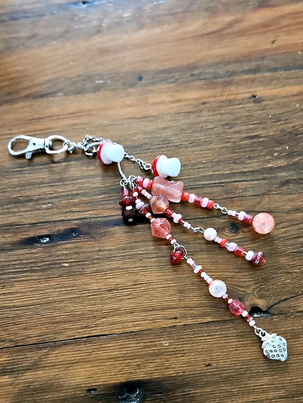Beaded Purse Charm/Keychain in Pink & Red With Mini Mushroom/strawberry